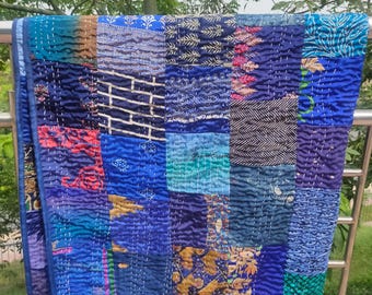 Handmade Silk Kantha Quilt: Bohemian Patchwork Throw Blanket