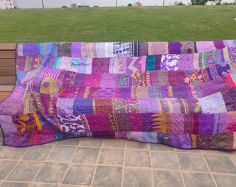 Silk Patchwork Quilt: Handmade Kantha Throw Blanket, Boho Bed Cover