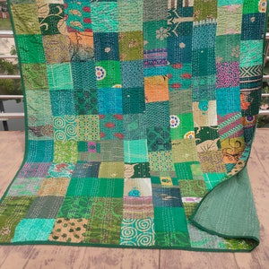 Bohemian Patchwork Quilt Kantha Quilt Handmade Vintage Quilts Queen size Bedding Throw Blanket Bedspread Quilting Hippie Quilts For Sale Green