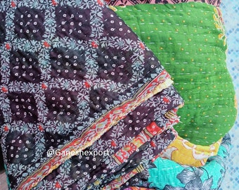 Edredón Kantha floral vintage hecho a mano, edredón Kantha indio, funda de cama Kantha, manta de algodón Gudari tamaño doble