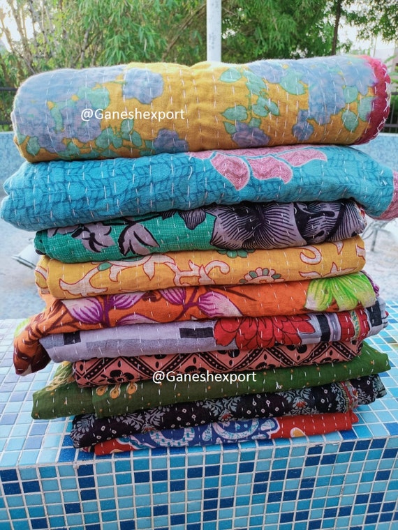 Beautiful Floral Print Kantha Quilt Indian Kantha Quilt 