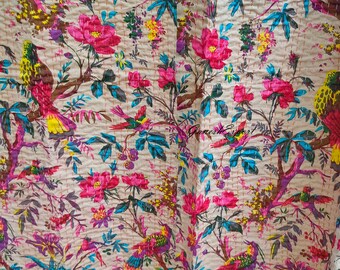 Handmade Bird Print Kantha Quilt: Reversible Indian Cotton Throw