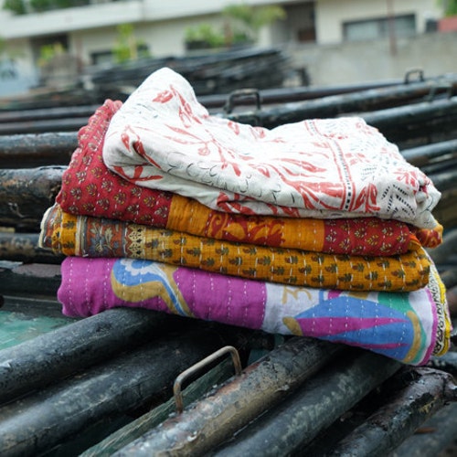 Vintage Kantha Quilts Handmade Old Saree Made Gudari Martinique