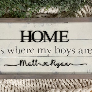 Home is Where My Boys/Girls Are.  Hand painted Wooden Shiplap aged framed sign customizable with names in a love font
