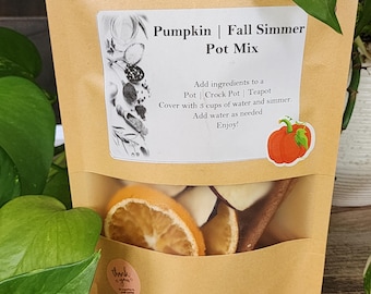 Puede incluir: Una bolsa de papel kraft con una ventana transparente, que contiene rodajas de naranja secas, palitos de canela y otros ingredientes de popurrí. La etiqueta dice "Pumpkin | Fall Simmer Pot Mix". Una pequeña pegatina dice "gracias".