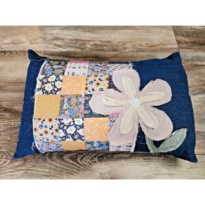 Handmade Patchwork Quilt Throw Pillow | 17" x 12" x 6" | Denim Floral | NEW