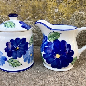 Handmade ceramic sugar bowl and creamer pitcher set of two unique vintage kitchen decor with blue flowers