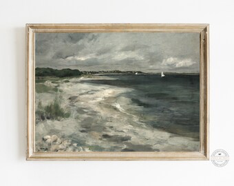 ムーディな海岸の油絵：ヴィンテージビーチアートプリント（デジタルダウンロード）