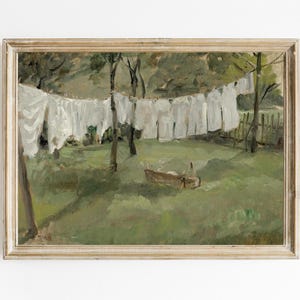 May include: A painting depicting a clothesline with white laundry hanging in a green grassy garden. The clothesline is strung between trees and there is a wooden box in the garden.