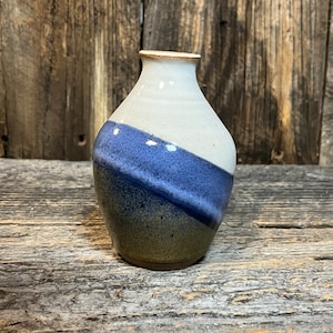 Bud Vase | Blue, White, Mustard Diagonal Stripe | Handmade Ceramic Kitchen Accessory | Flower Vase