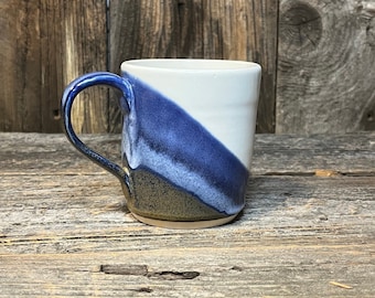 12oz Diagonal Stripe Mug | White, Blue, and Mustard | Ceramic Hand Thrown Pottery Drinking Vessel