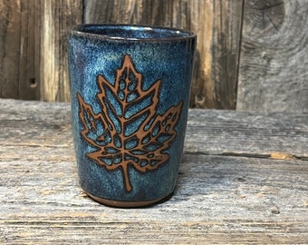 10oz Maple Leaf Tumbler | Blue Ceramic Hand Thrown Pottery Drinking Vessel
