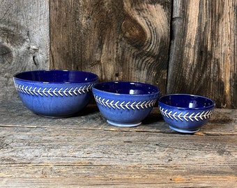 Handmade Ceramic Nesting Bowl Set: Royal & Baby Blue Plant Design, Vermont Made