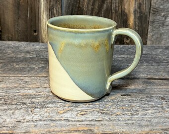 14oz Handmade Mug with Diagonal Glaze | Ceramic Hand Thrown Pottery Drinking Vessel