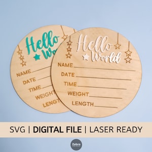 | de fichiers numériques SVG Hello World Baby Birth Announcement Disc Stars | | prêt pour le laser | de fichiers de découpe laser à usage commercial Laser Cutter Télécharger
