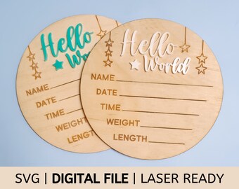 SVG Digital File | Hello World Baby Birth Announcement Disc Stars | Laser Ready | Commercial Use Laser Cutting File | Laser Cutter Download