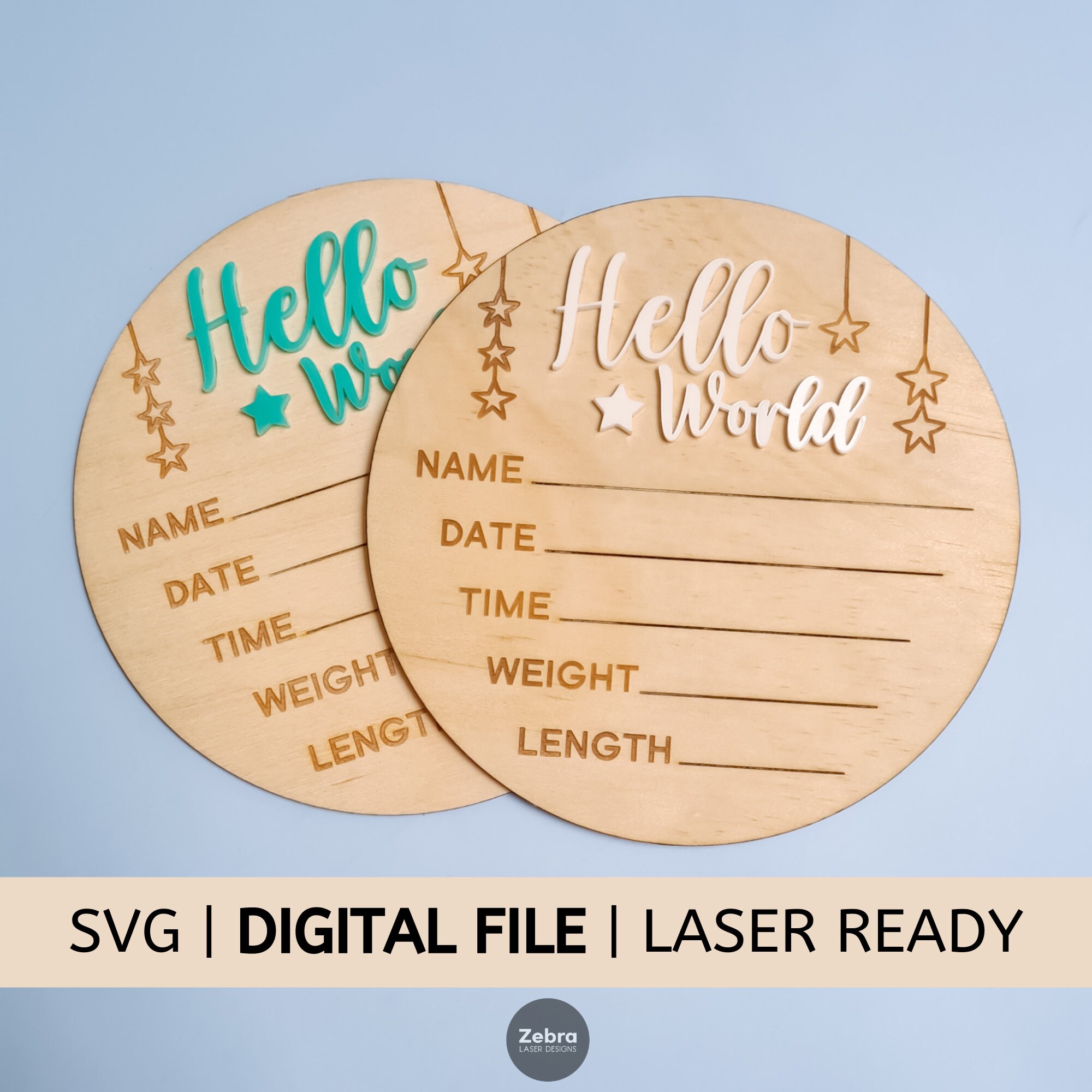 SVG Digital File Hello World Baby Birth Announcement Disc Stars Laser