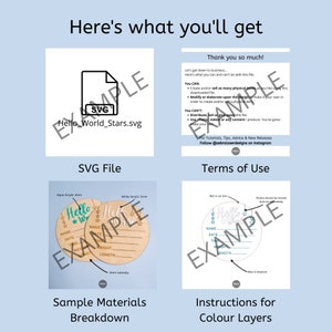 May include: A digital download for a "Hello World" SVG file, featuring a round wooden sign with a "Hello World" design and stars. The sign is customizable with fields for name, date, time, weight, and length. The image also includes a sample materials breakdown and instructions for color layers.