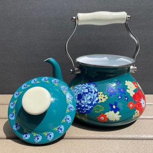 Ceramic Pioneer Woman Country Garden Teapot Microwave Safe Tea Pot Teal  Flowers