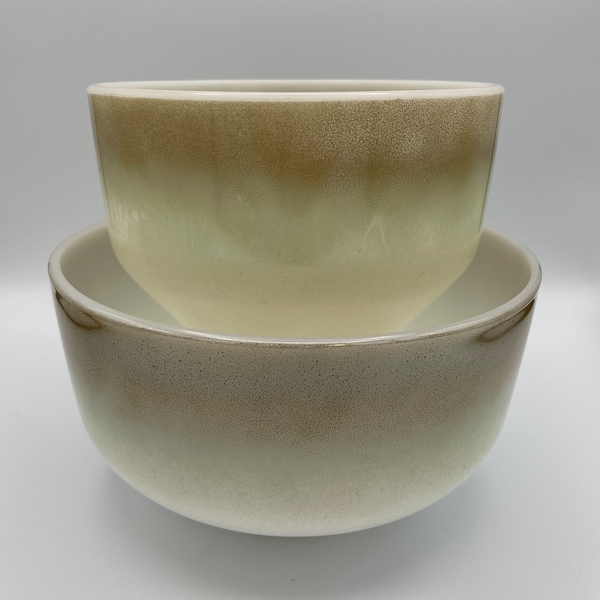 Vintage Federal Glass Green Brown Ombre Milk Glass Bowl Set 2.5qt & 1.5qt