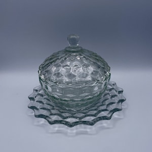 Vintage American Whitehall Indiana Glass Clear Candy Dish With Lid & Underplate