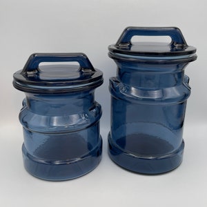Vintage LE Smith Cobalt Blue Glass Milk Can Cookie Jar Canister Set of 2