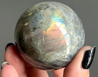White Labradorite Moonstone Crystal Sphere | Green Tourmaline, Rainbow Spectrolite Flash (191g)