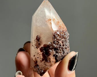 Snow Rose Dreamcoat Lemurian Phantom Quartz | Pink Lithium + Keys | Red Amphibole Flames + Aggregator Druzy | Cristalina, Brazil