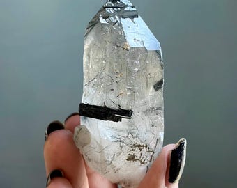 Elestial Blue Indicolite Tourmalated Quartz + Record Keepers w/ Green Tourmaline | Rare Water Clear Rutilated Quartz Crystal Point