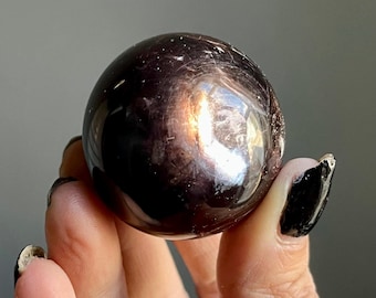 High Flash Gem Lepidolite Sphere: Red Lithium, Purple Mica, Rainbow Flash, 105g, Aracuai Brazil