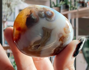 8th Vein Ocean Jasper Palm Stone | AAA Translucent Jelly + Floating Orbs | Old Stock Orbicular Jasper | Color Banding + Quartz Druzy