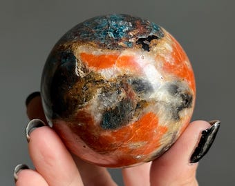 Flashy Blue Apatite Calcite Crystal Sphere | 345g | Black Tourmaline Inclusions