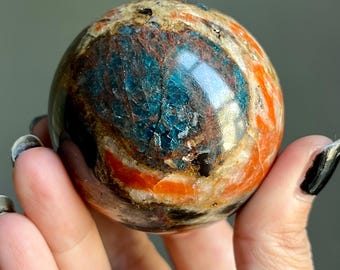 Rare Dark Blue Apatite Orange Calcite Crystal Sphere + Black Tourmaline | Large Hand Polished Gem Apatite Sphere + Wild Blue Flash