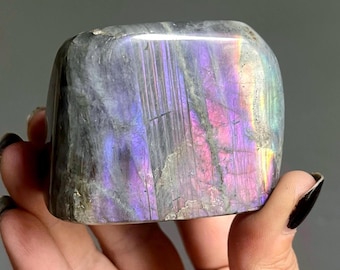 Rare White Labradorite Moonstone Crystal Freeform + Green Tourmaline | Rainbow Labradorite | Sunset + Purple + Spectrolite Flash