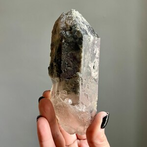 Op de afbeelding: Een heldere kwartskristal met een donkere, getextureerde bovenkant en een lichtere, doorschijnende basis. De kristal wordt tegen een grijze achtergrond gehouden, waarbij de natuurlijke vorm en variaties in kleur en textuur worden getoond. De kristal is ongeveer 15 cm lang.