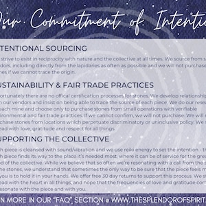 May include: A purple and light lavender informational graphic titled Our Commitment of Intention. It lists three sections: Intentional Sourcing, Sustainability & Fair Trade Practices, and Supporting the Collective, with text detailing business ethics.