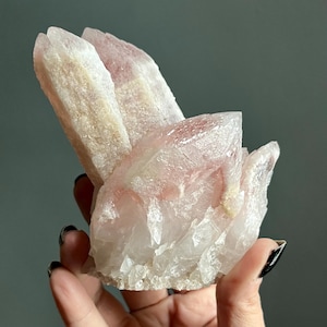 May include: A cluster of translucent, pale pink quartz crystals with jagged, pointed terminations. The mineral specimen features a rough, crystalline texture with varying shades of soft rose and white, showcasing natural geometric formations.