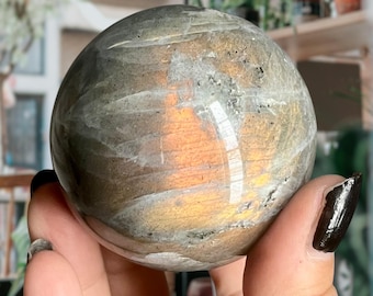 White Labradorite Crystal Sphere w/ Black + Green Tourmaline | Sunset Labradorite + Rainbow Flash | Labradorite Moonstone Sphere