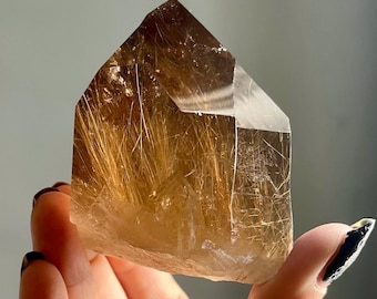 Trigonic Gold Rutile Citrine Quartz Record Keeper | High Grade Rutilated Quartz + Natural Citrine Crystal Point | Time Link + Key