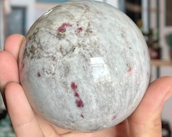 Large Rubellite Tourmaline Crystal Palm Stone w/ Smoky Quartz in Natural Lithium Quartz Matrix | Deep Pink Tourmaline Half Sphere