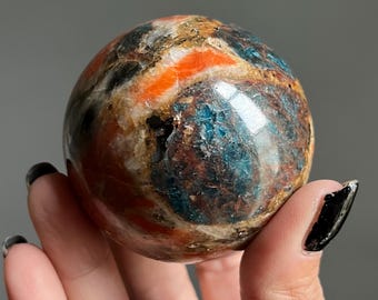 Gem Blue Apatite Orange Calcite Crystal Sphere | Electric Flash + Black Tourmaline | 345g | Bahia, Brazil