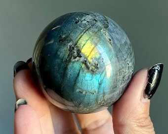 Rainbow Labradorite Sphere + Green Tourmaline | Spectrolite Flash Crystal Sphere from Madagascar (193g)