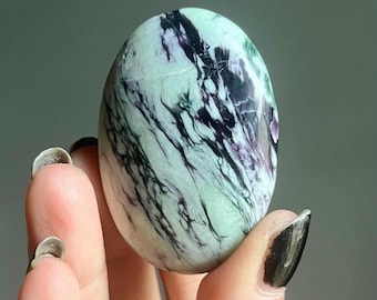 Rare Kammererite Crystal Palm Stone w/ Green Serpentine + Gemmy Clinochlore | Hand Polished Purple Kammererite Meditation Stone