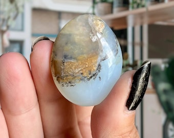 Andean Blue Peruvian Opal Crystal Palm Stone | 90 Ct Carribean Blue Green Dendritic Opal | Rare High Grade Translucent Opal Gemstone