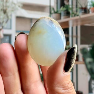 Op de afbeelding: Een gladde, witte opaal steen met een lichtblauwe en gele iriserende glans. De steen is eivormig en wordt in een hand gehouden.