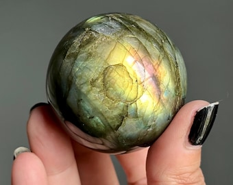 Rare Star Labradorite Spectrolite Crystal Sphere w/ Sunstone | Rainbow Flash + Tourmaline