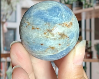 Garnet Blue Kyanite Sphere in Quartz Matrix | Hand Polished Natural Kyanite | Untreated Blue Kyanite in Quartz + Spessartine Garnet