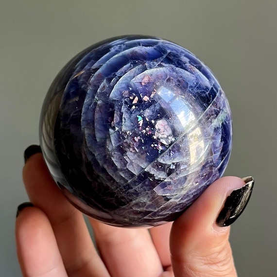 Rare Natural Bloodshot Iolite Sunstone Crystal Sphere with Green Tourmaline | 378g | Rainbow Flash