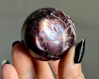 High Flash Gem Lepidolite Sphere: Red Lithium, Purple Mica, Rainbow Flash, 126g, Aracuai Brazil