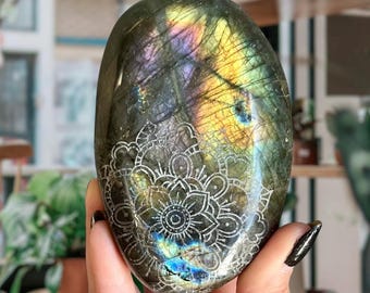 447g Hand Carved Sacred Spectrolite Rainbow Labradorite Stone Mandala Crystal Talisman with High Flash | The Infinite Mystery